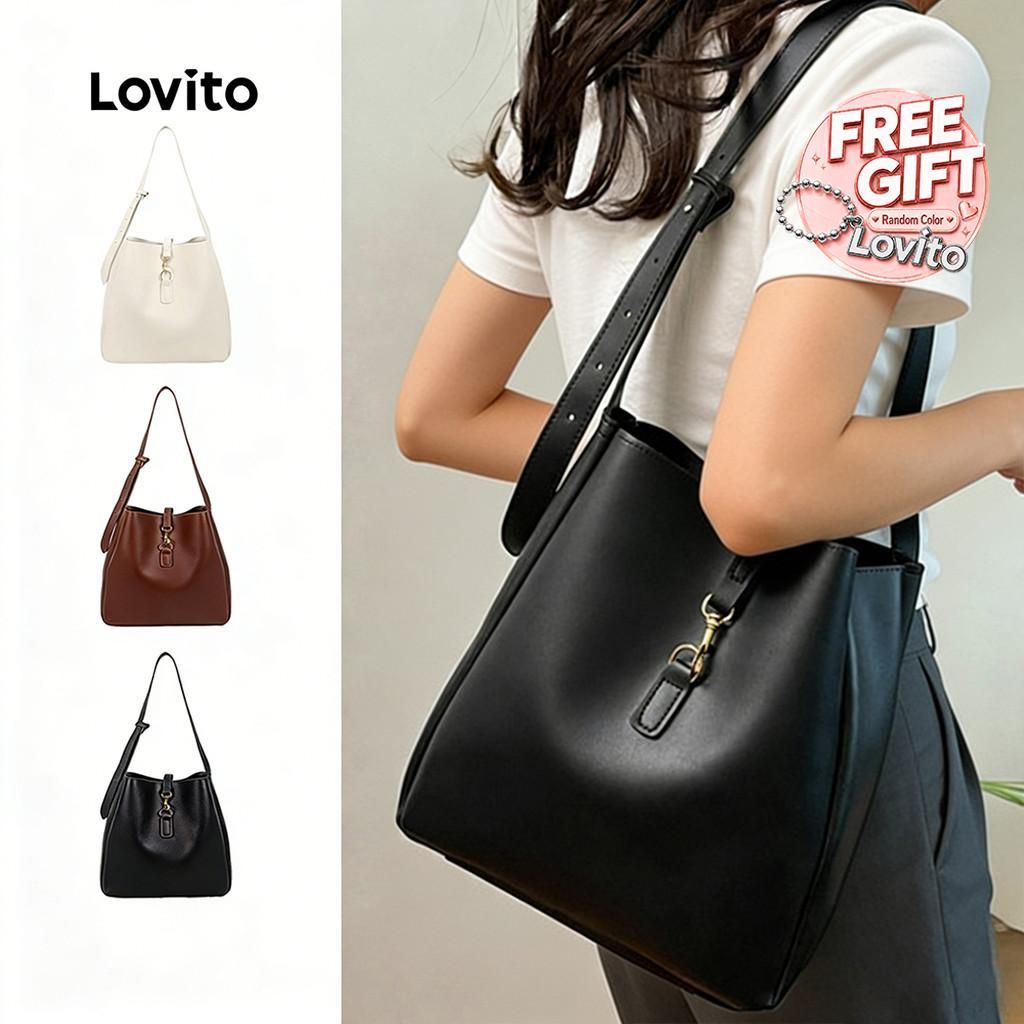 Lovito Bolsa de Ombro Casual com Fecho de Fivela Metálica Preta para Mulheres LFA113049