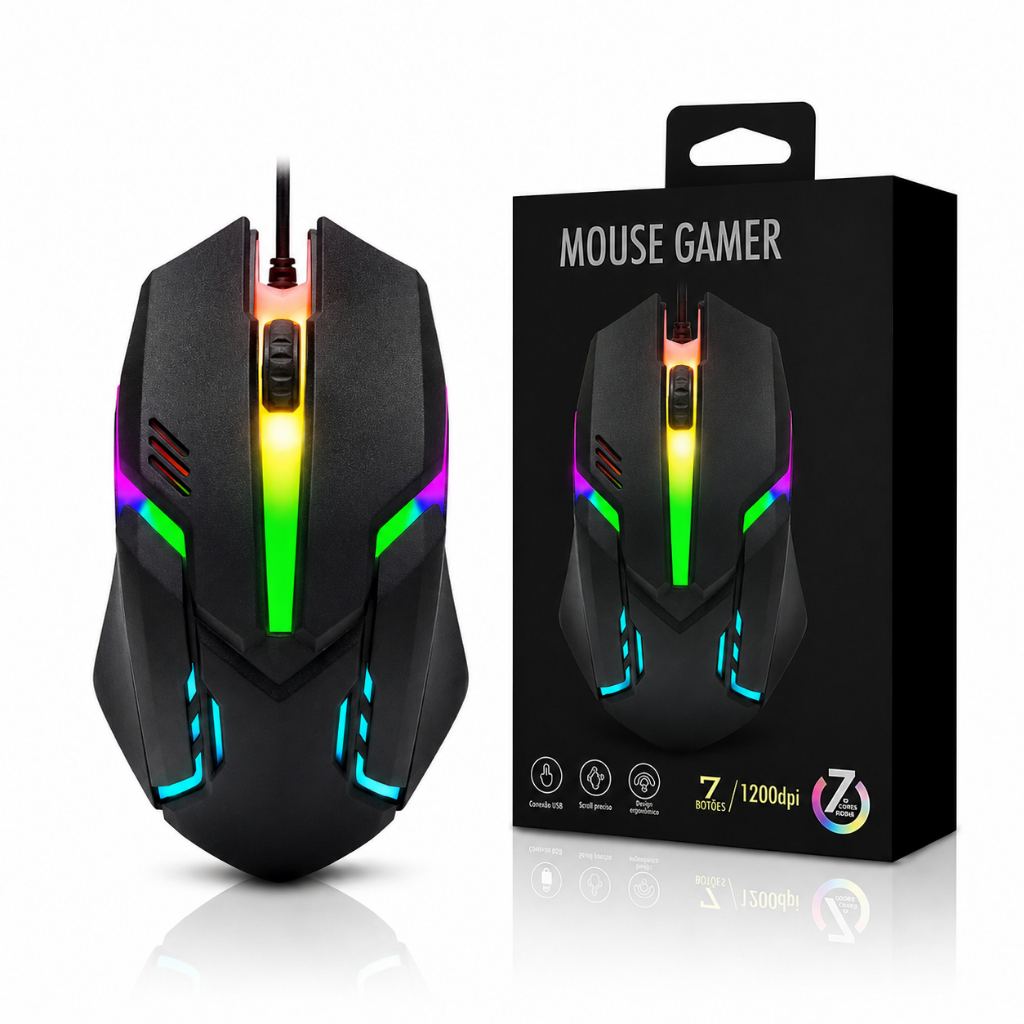 Mouse Gamer RGB USB LED Com Fio Ergonômico 1200 DPI Para PC Notebook Gamer