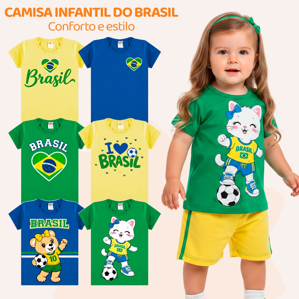 Kit 3 ou 2 Camisetas bebê menina Brasil Copa 2026 algodão seleção brasileira roupa bebê Blusa amarelo azul verde