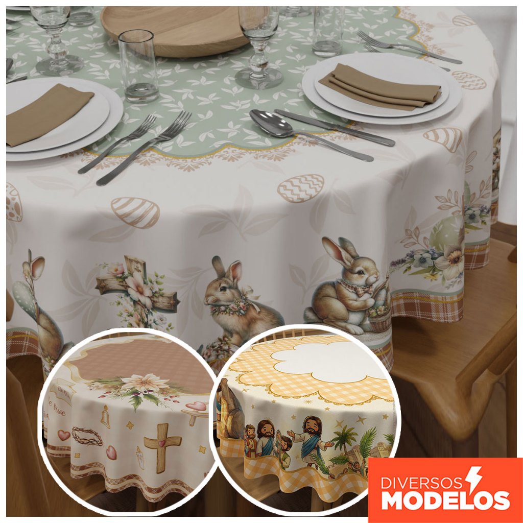 Toalha de Mesa Redonda Páscoa Religiosa Cristã para Mesa Posta Decoração Em Oxford 1,40x1,40m