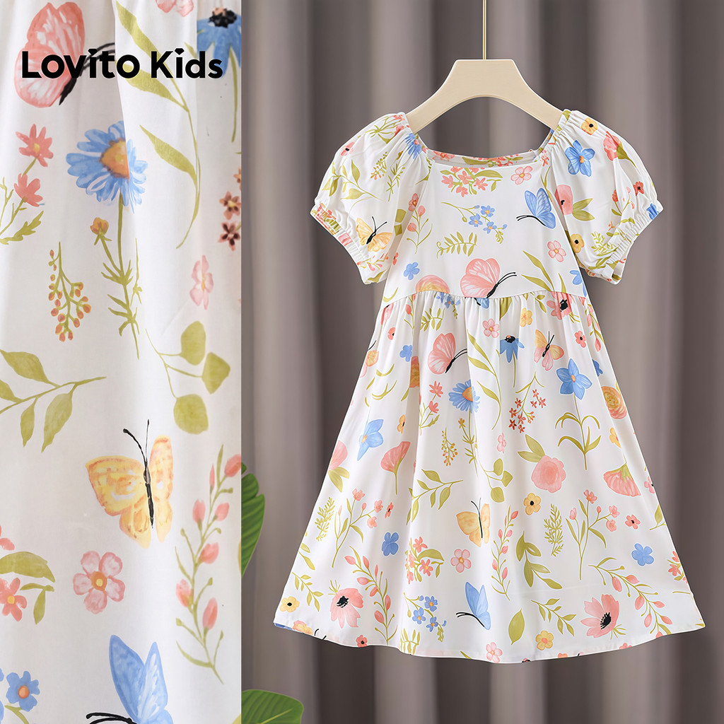 Lovito Kids Padrão de Vestido Casual Plissado para Menina Primavera/Verão LNL139108