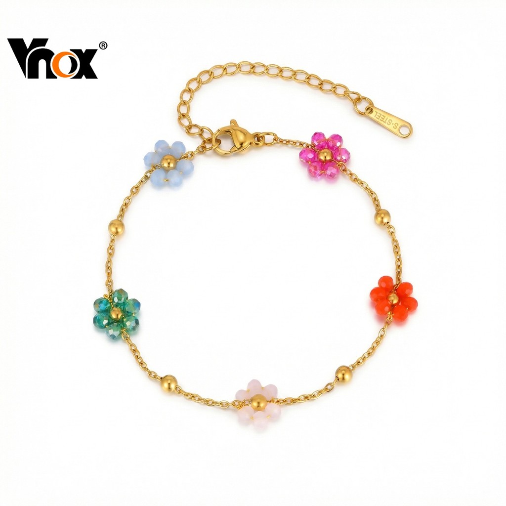 Vnox 18k Ouro Aço Inoxidável Colorido Flor Grânulo Pulseira Para Mulheres Meninas , Verão Praia Wear , Jóias Presente
