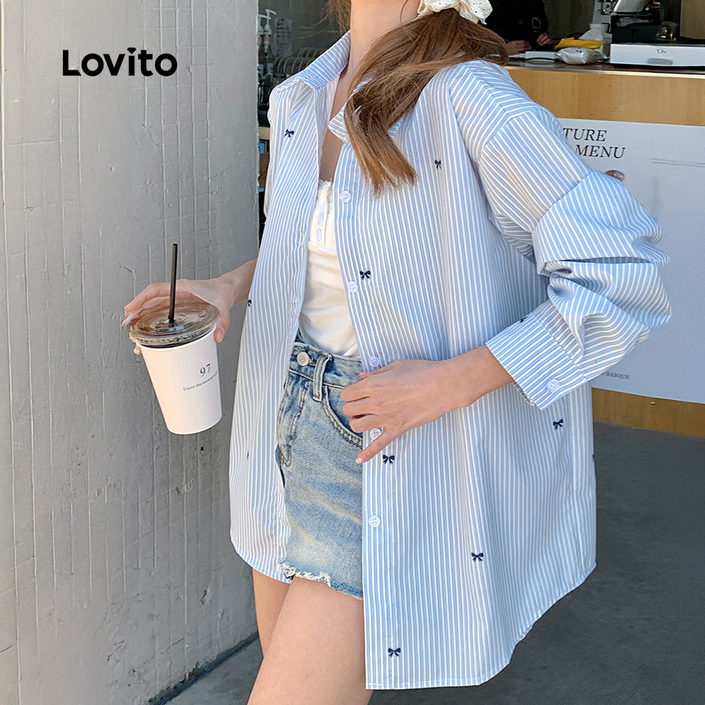 (NEW) Lovito Blusa Casual lazer simples outono/inverno blusa azul para mulheres LK3AD055