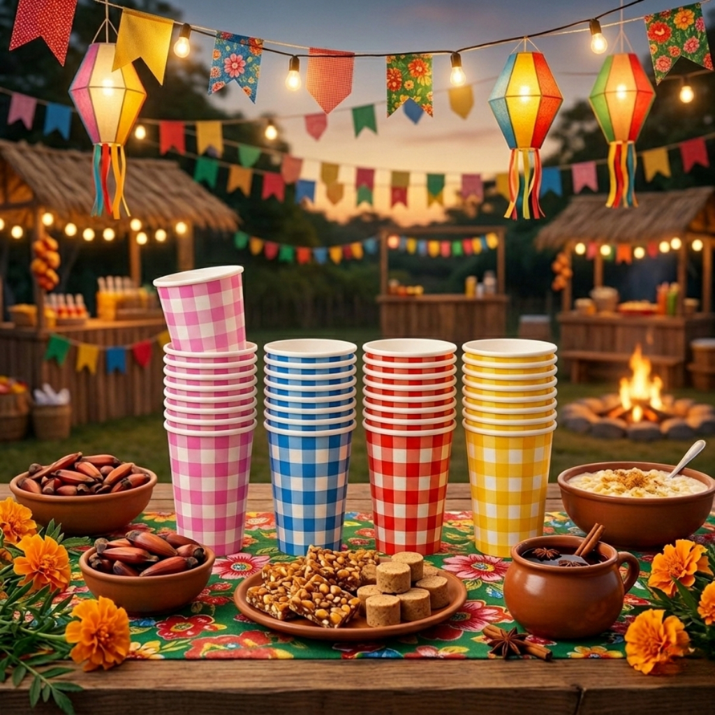 Copo De Papel Xadrez 250ml C/10 Unidades Festa Junina Arraiá #PartiuFesta