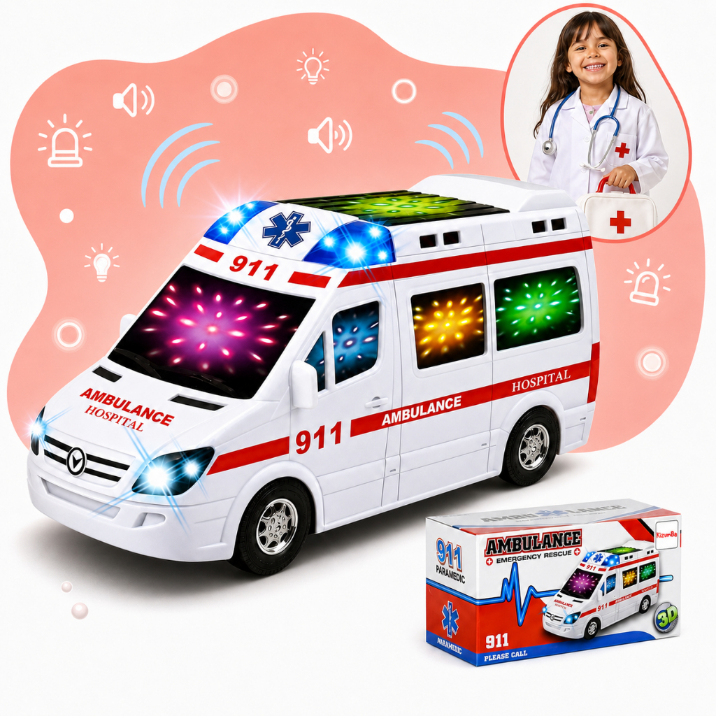 Carrinho Ambulância Van Samu Som Luz Sirene Bate e Volta Brinquedo Diversão Para Crianças Kizumba