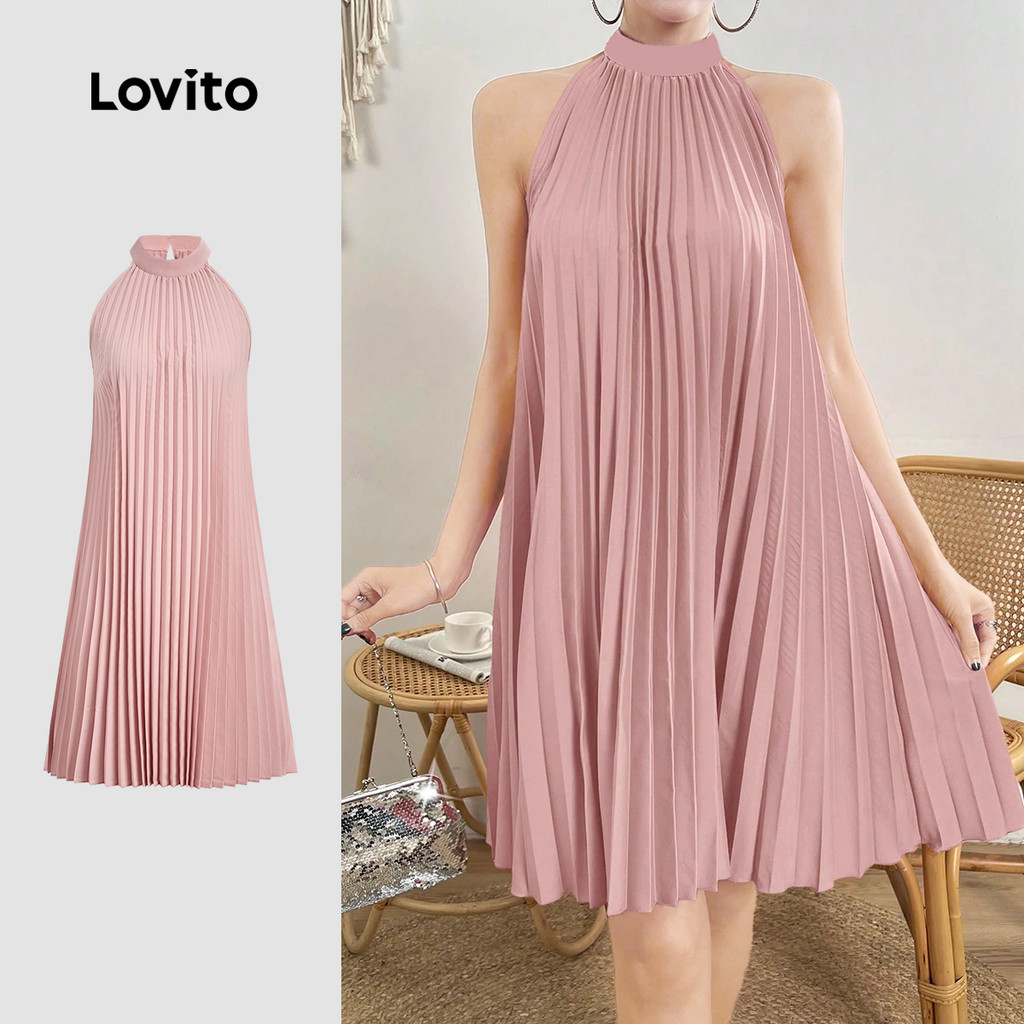 Lovito Vestido Elegante Plissado Francês Estilo Preguiçoso Primavera/verão Rosa para Mulheres LBL33008