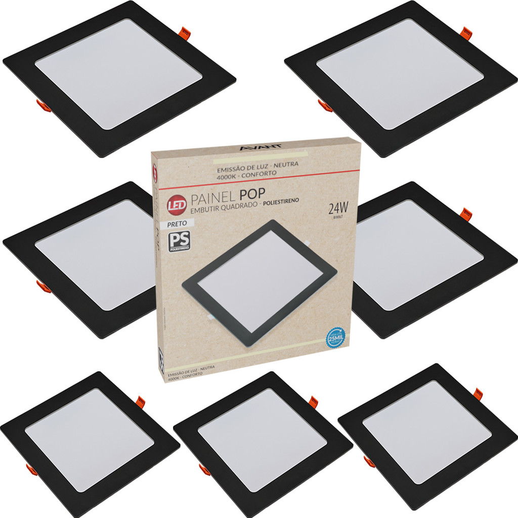 Kit 7 Luminária Painel Plafon 24W Quadrado Embutir Luz Neutra 4000K Led Bivolt 127v 220v Avant