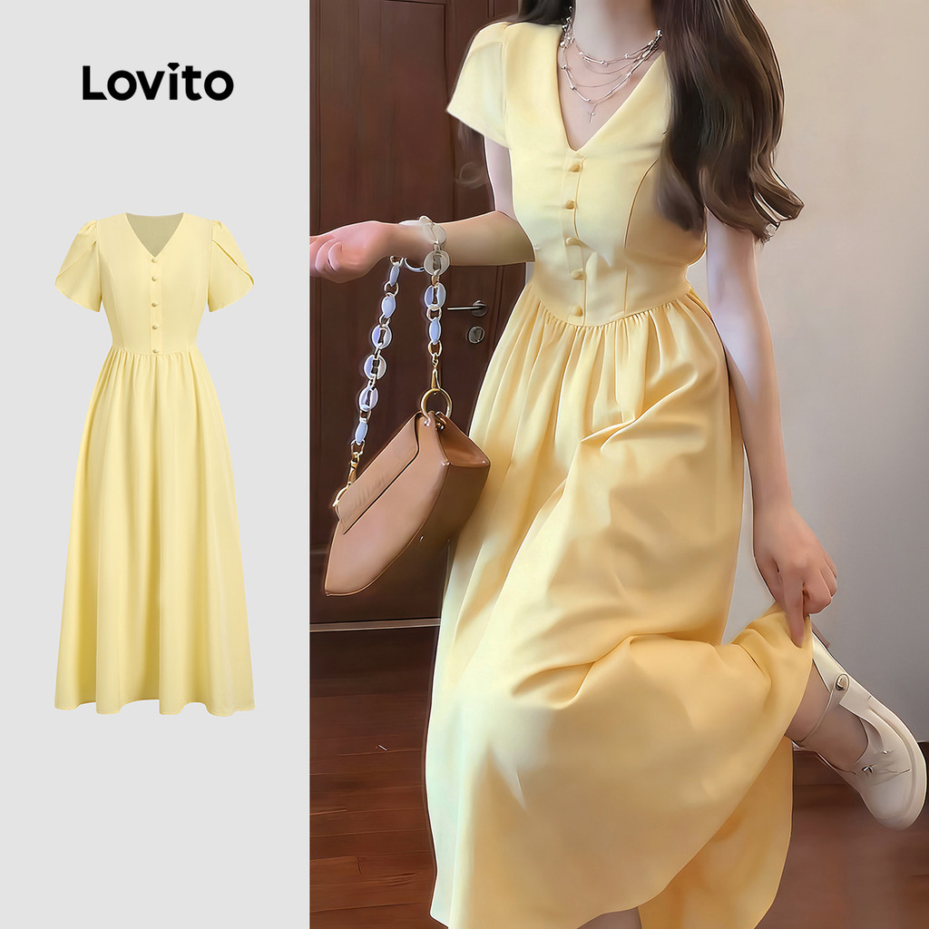 Lovito Vestido Elegante com Botões Estrutura Amarelo Claro Primavera/verão para Mulheres LK5LD129
