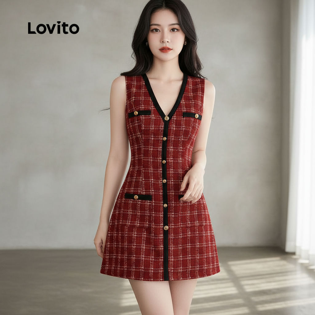 Lovito Vestido Feminino Casual Botões Contraste Primavera Verão Vinho LK2ED034