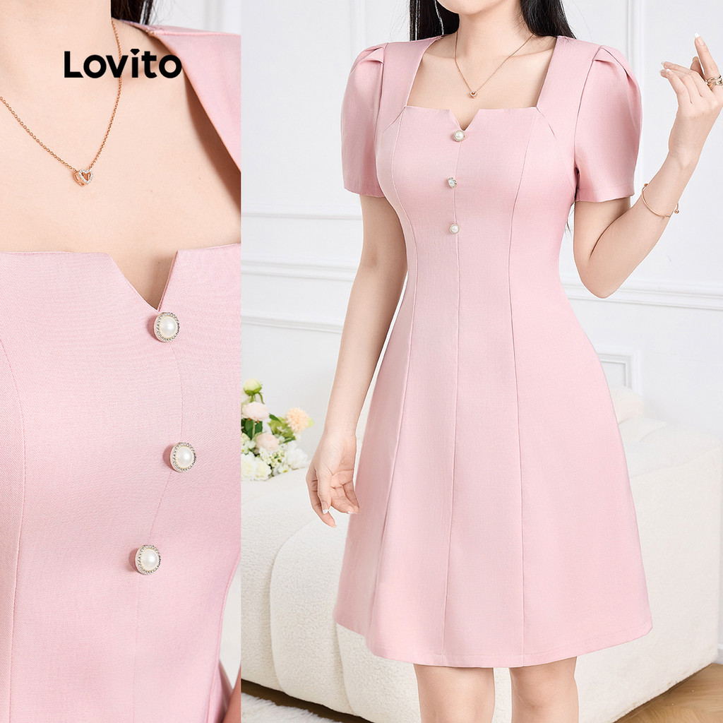 Lovito Vestido Elegante Botão Primavera/verão Cinza Rosa para Mulheres L165ED1540