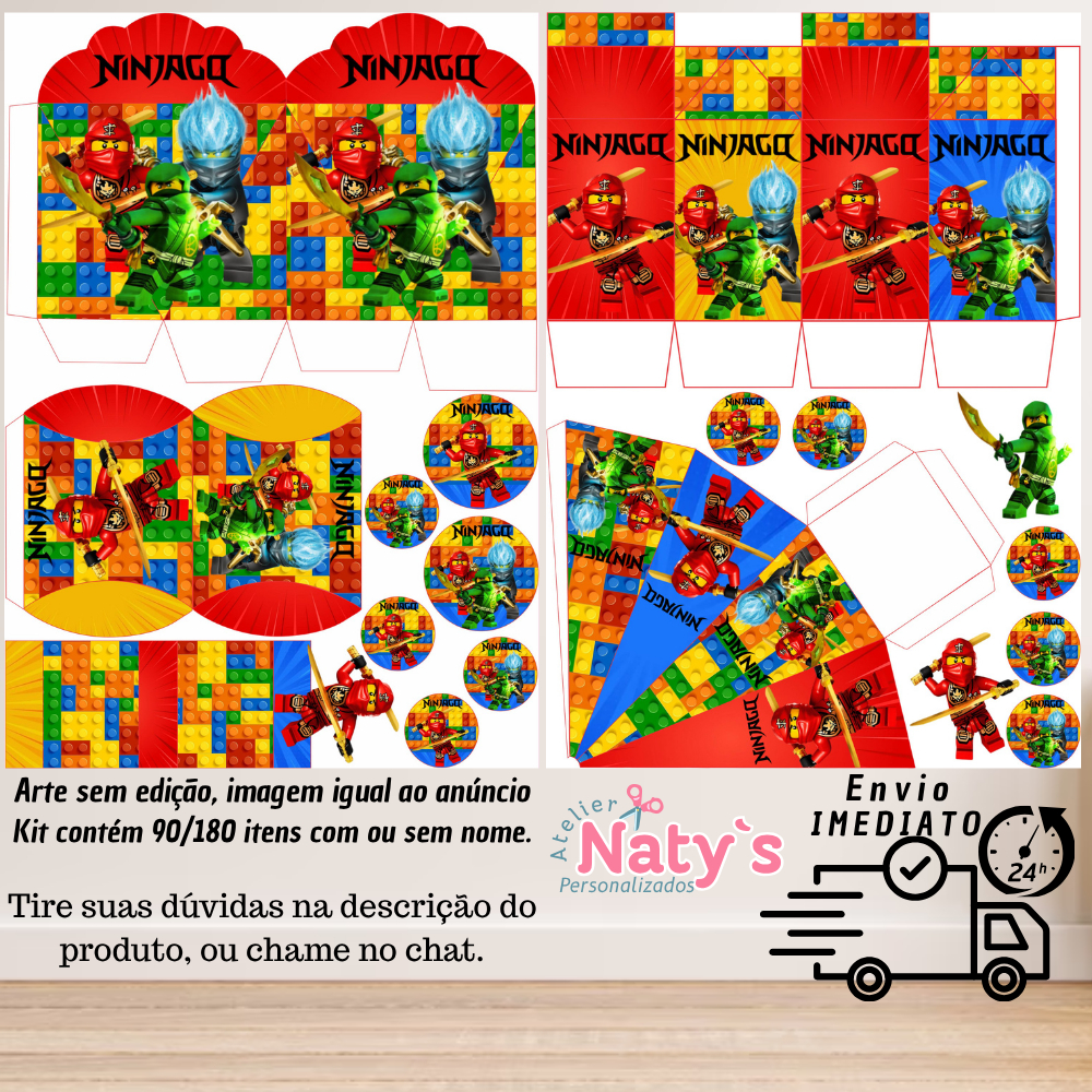 KIT COM 90/180 ITENS TEMA: NINJAGO LEMBRANCINHAS COM/SEM NOME - Envio 24H