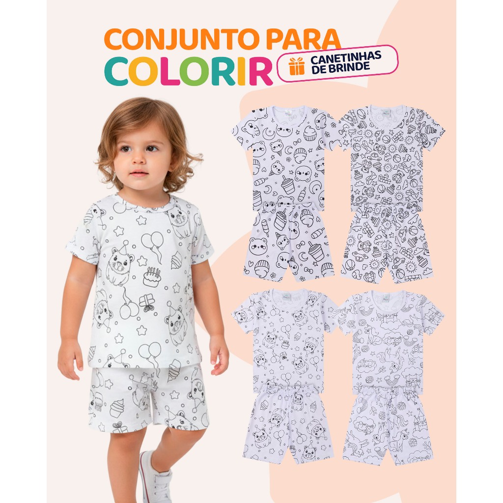 Kit de 2 Conjuntos Pijama Bebê Menina de Colorir +Canetinhas  Pijama Infantil Feminino