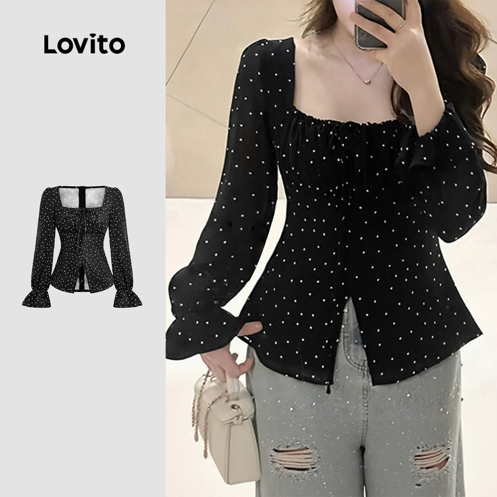 Lovito Blusa Casual de Renda com Amarração Outono/inverno Preta para mulheres L159AD021