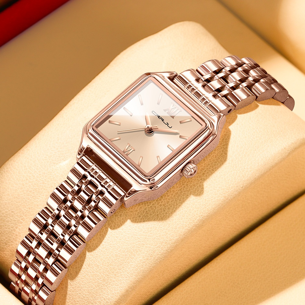 Novo Relógio Feminino CRRJU Pulseira De Aço Inoxidável Ouro Rosa Genuíno Elegância Minimalista Com Mostrador Pequeno Qua