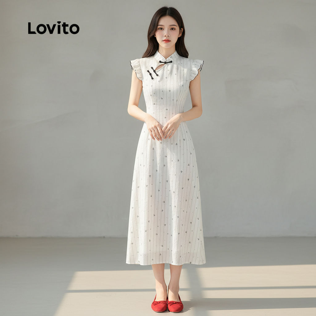 Lovito Vestido Sofisticado Moderno Estilo Chinês Casual Primavera Verão Vestido Feminino Branco L173AD046