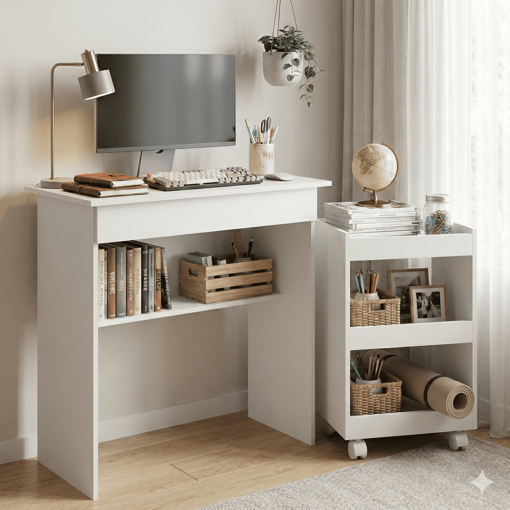 Mesa de Escritório Compacta com Gaveta + Carrinho para Livros Multiuso