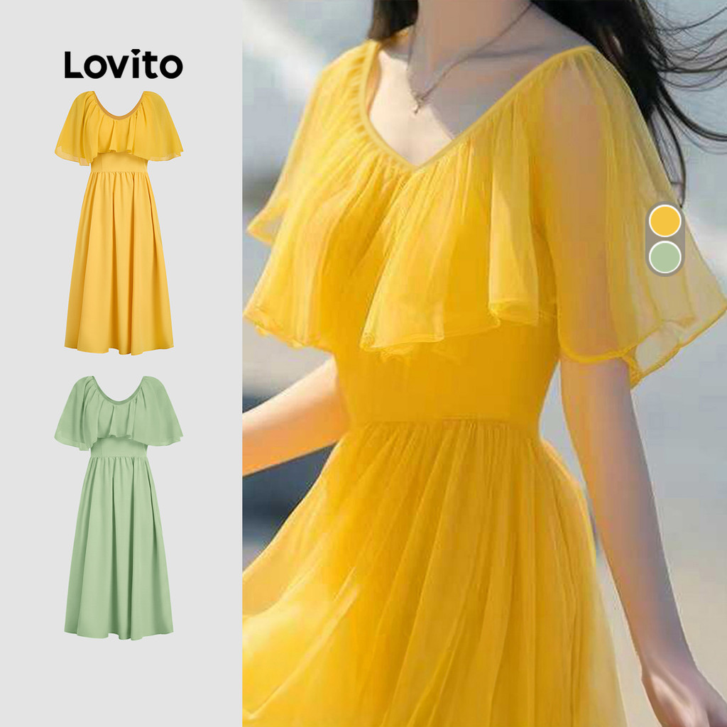 Lovito Vestido Casual Amarelo Com Babados E Drapeado Diário Férias Viagens Primavera/verão Para Mulheres LK3AD234