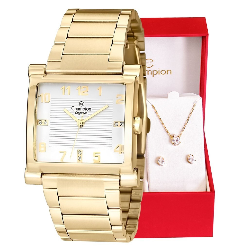 Relógio Champion Feminino Quadrado Dourado + Kit Colar e Brincos Original À Prova DÁgua CN25369W