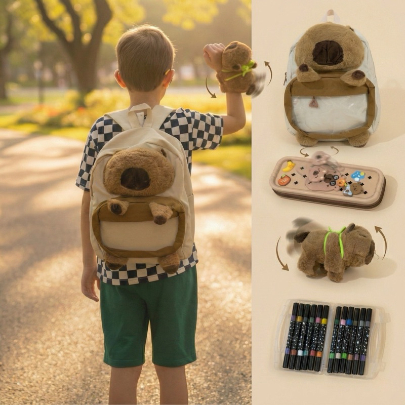 Kit Capivara Kawaii Mochila Pelúcia Estojo Escolar Infantil