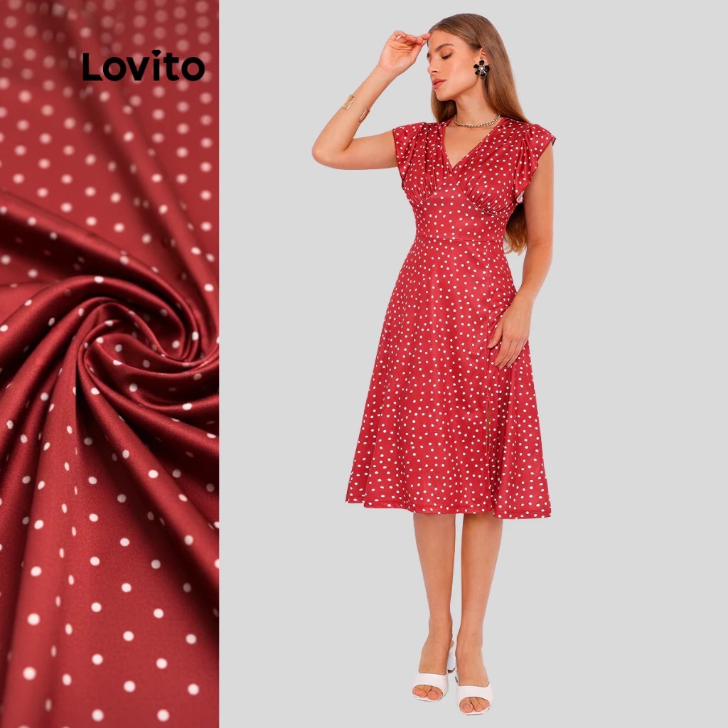 Lovito Vestido Feminino Midi Sem Manga Estampa Bolinhas DRB407BRL436