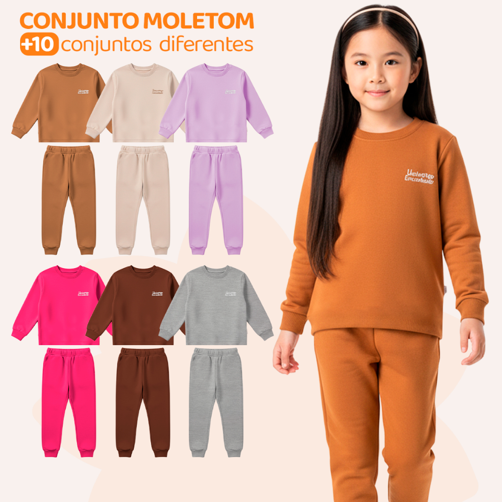 Kit 4 Peças Moletom Minimalista Infantil Menina Criança Blusa e Calça Manga Longa Roupa de Frio Inverno Liso Kids
