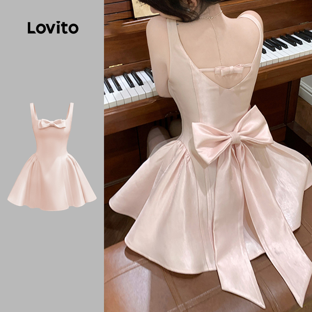 (NEW) Lovito Vestido Casual com laço primavera/verão vestido rosa claro para mulheres LK3ED1956