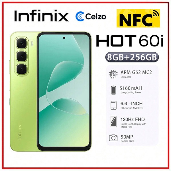 Smartphone Infinix Hot 60i NFC 4G Tela 6.7 8GB+256GB, Verde Prado