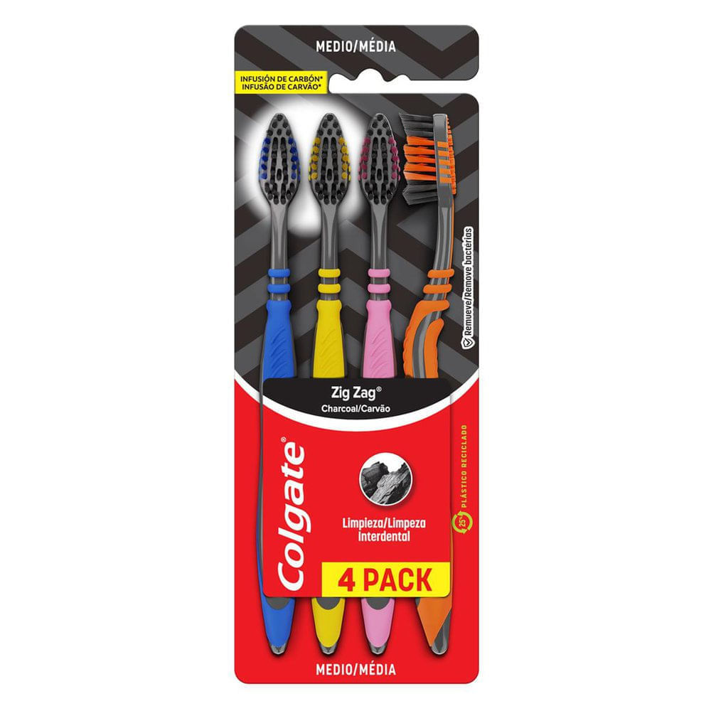 Escova Dental Colgate Zig Zag Carvão Cerdas Macias 4 Unidades