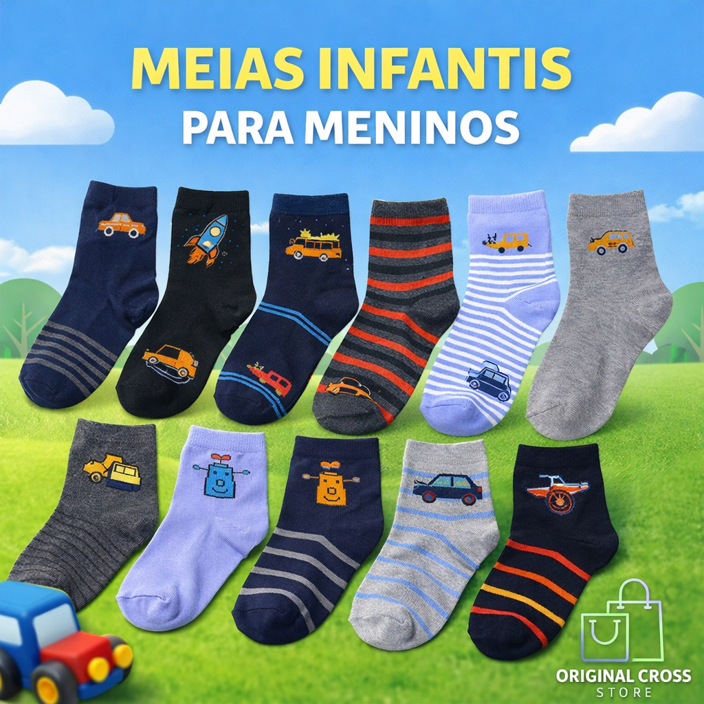 Kit Meia Infantil Menino Cano Curto 2 a 10 Anos Estampada  Pares Sortidos