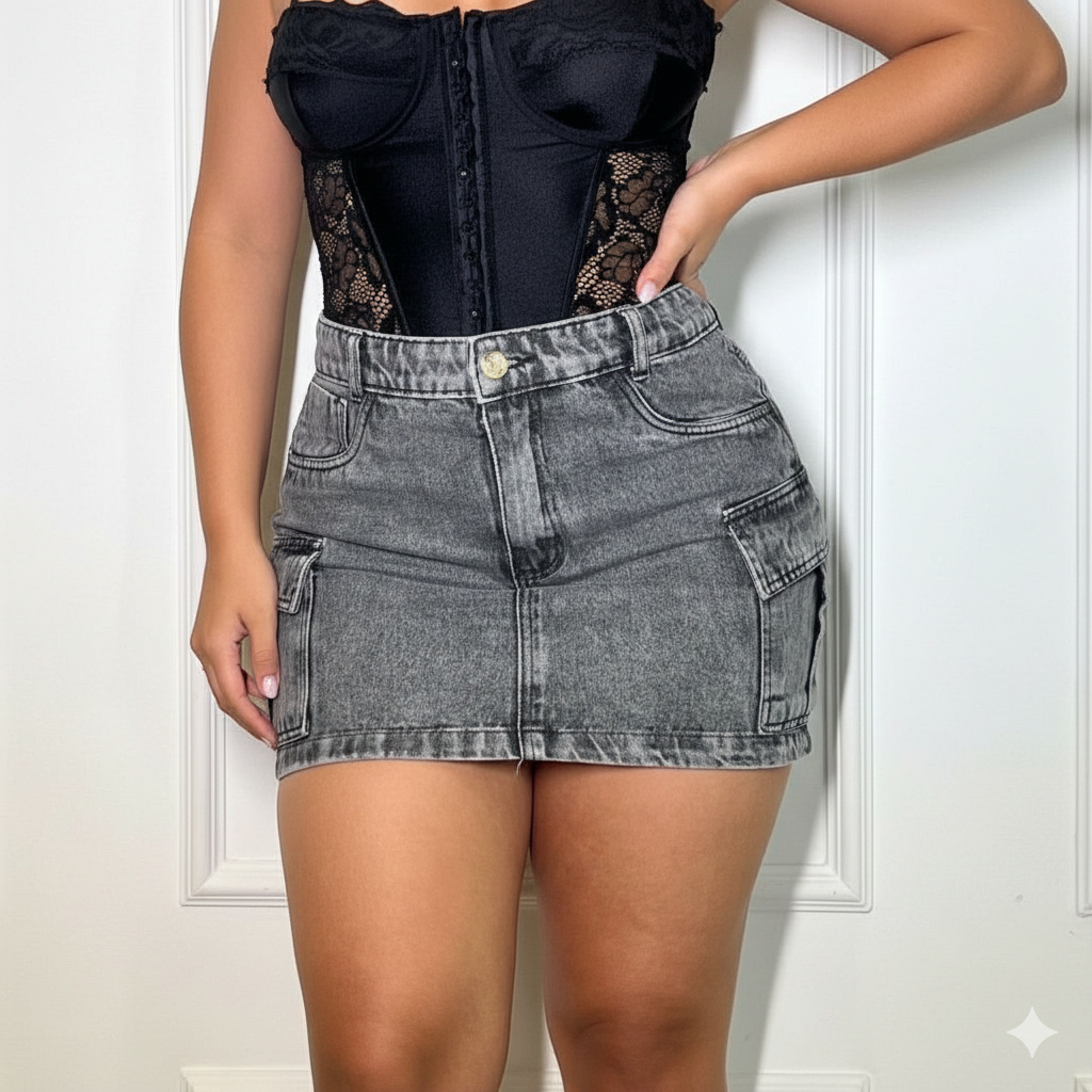 Mini Saia Cargo Jeans Curta Feminina Moda com Lycra Bolso na Lateral Estilosa Cintura Alta 34 ao 54