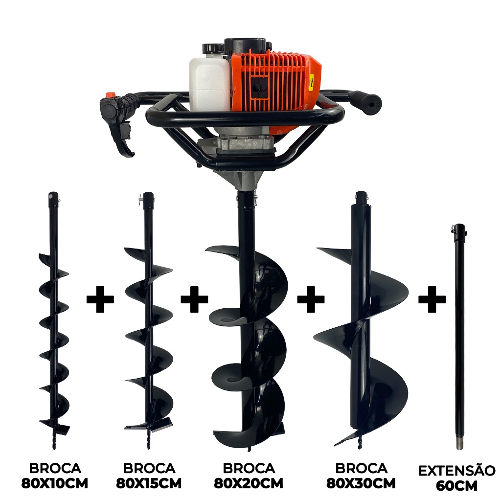 Perfurador de solo a Gasolina 52cc 2,5HP com 4 Brocas e Extensor Carbon Fak