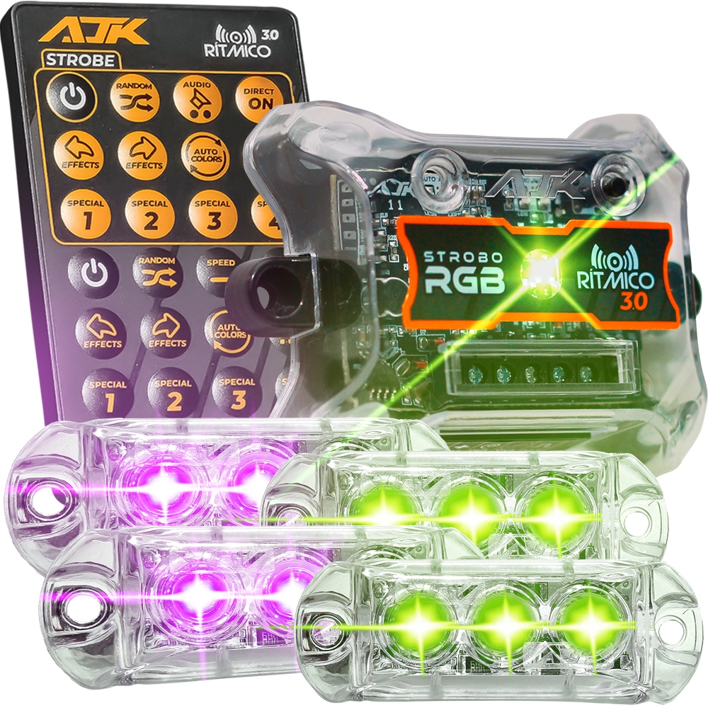 Kit 4 Strobo AJK 3.0 6W RGB Digital Endereçável e Ritmico Faróis 6W + Controle 38 Mil Efeitos