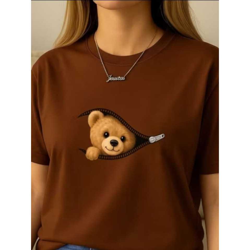 Camiseta Feminina Ursinho Fofo Estampa Zíper 3D Casual Moderna Premium