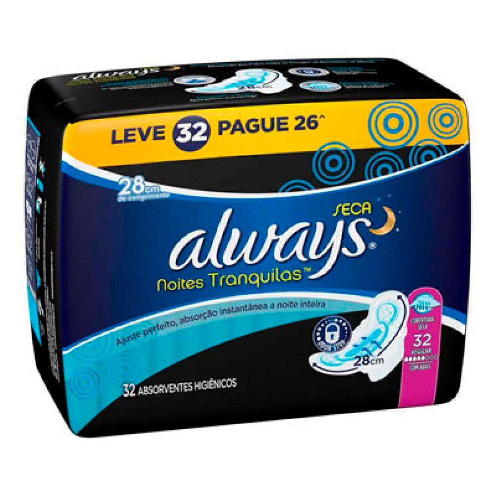 Absorvente Always Noites Tranquilas Seca com Abas 32 Unidades