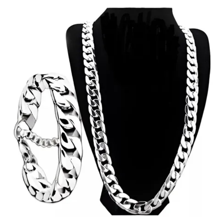 CONJUNTO DE PRATA CORRENTE DE PRATA + PULSEIRA DE PRATA GRUMET GROSSA 10MM PRATA MISTA NACIONAL 925 CORRENTINHA MC BAILE