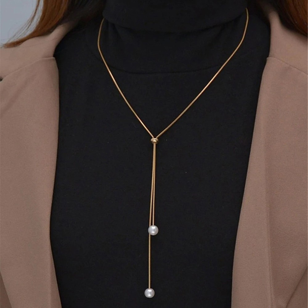 Colar Feminino Longo com Pérola Dourado Elegante Minimalista Gravata Social Bella Bijou Presente Luxo