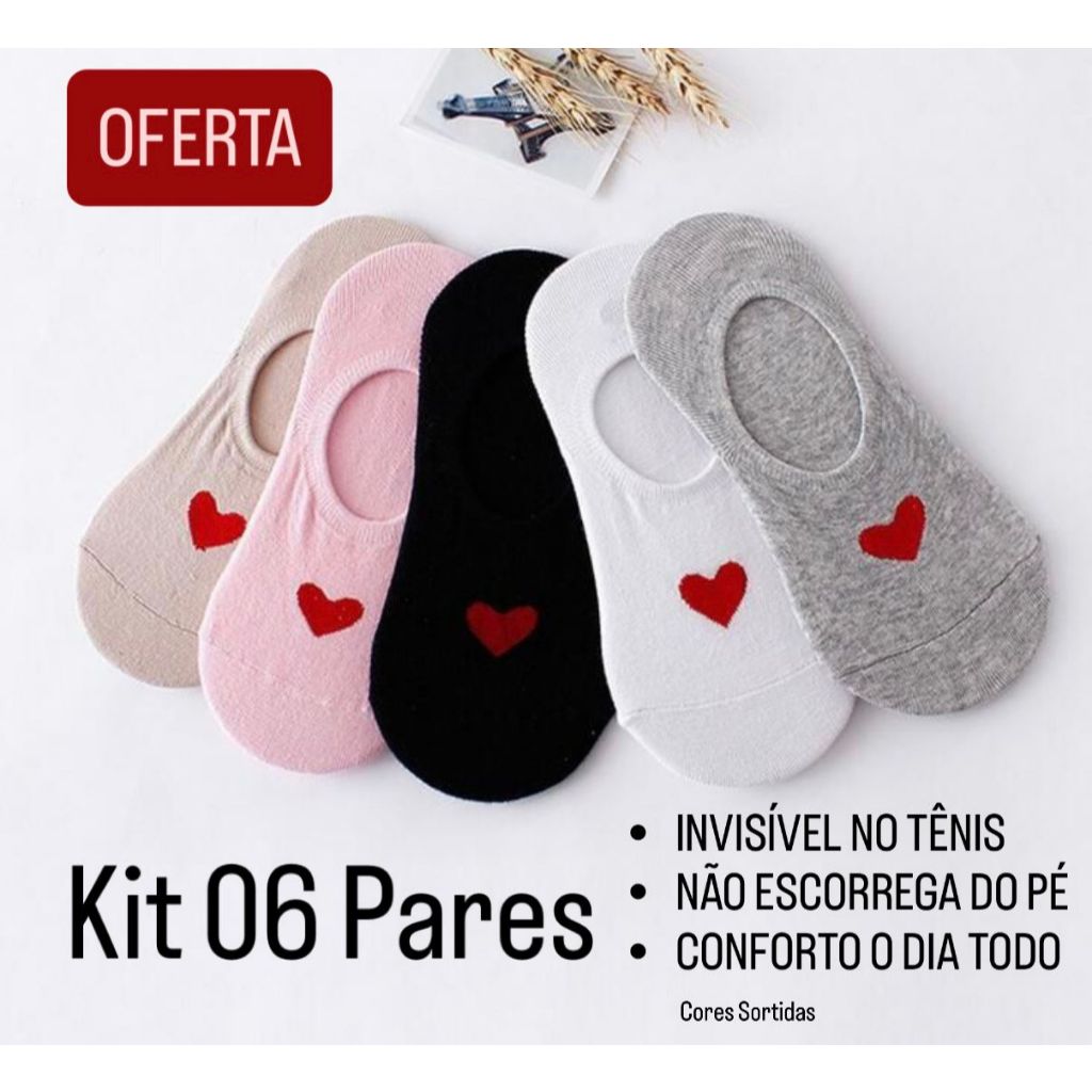 KIT 6 Pares Meia Sapatilha INVISÍVEL | Silicone ANTIDERRAPANTE | Algodão Premium | Não Escorrega | Pronta Entrega Brasil