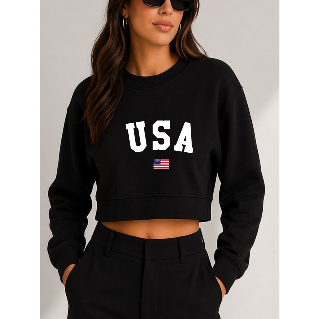 Cropped Moletom Outono Inverno USA College Feminino Moderno e Confortável