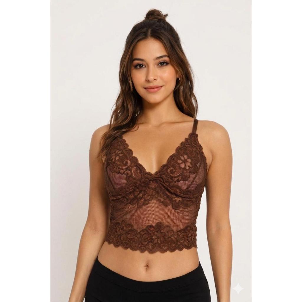 Top Cropped Feminino Renda com Bojo Alça Fina Casual ou Festa