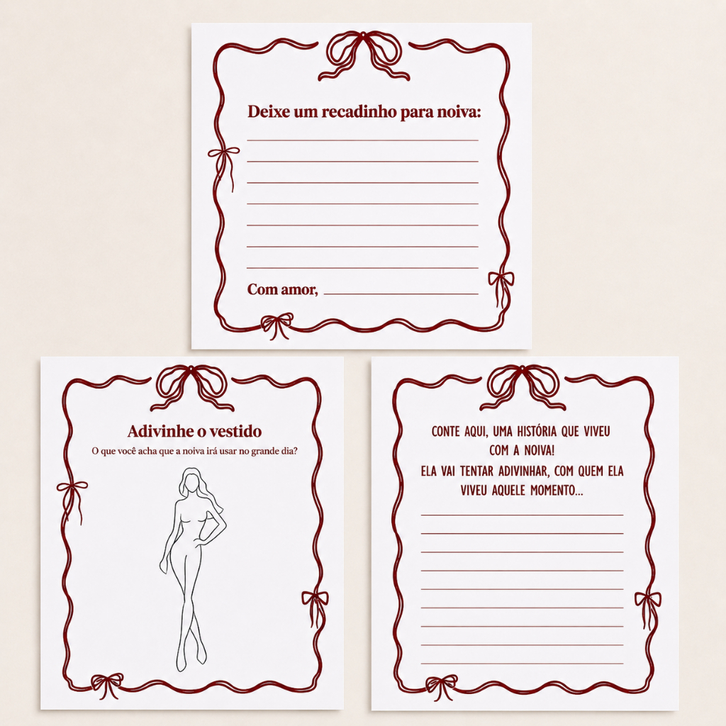 Kit Brincadeiras Chá de Lingerie Noiva | Adivinhe o Vestido + Recadinho + História Divertida
