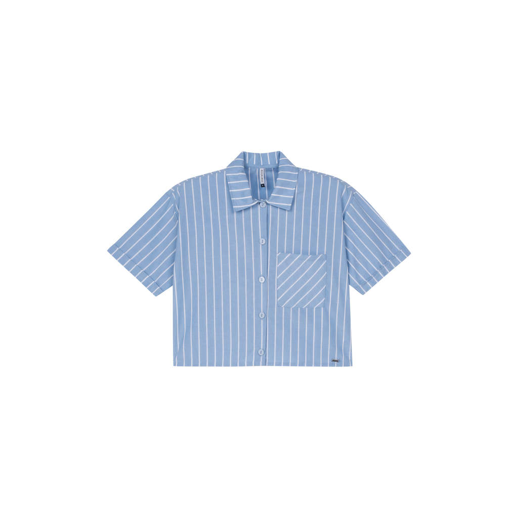 Camisa Feminina Listrada Tricoline Marialícia Azul