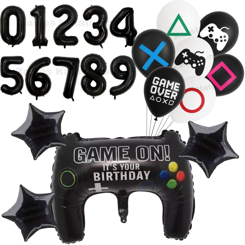 Kit Festa Gamer: Balão Metalizado Controle Game Playstation +25 Balões Bexigas Gamer + Balão Número de ±75 - Aniversário