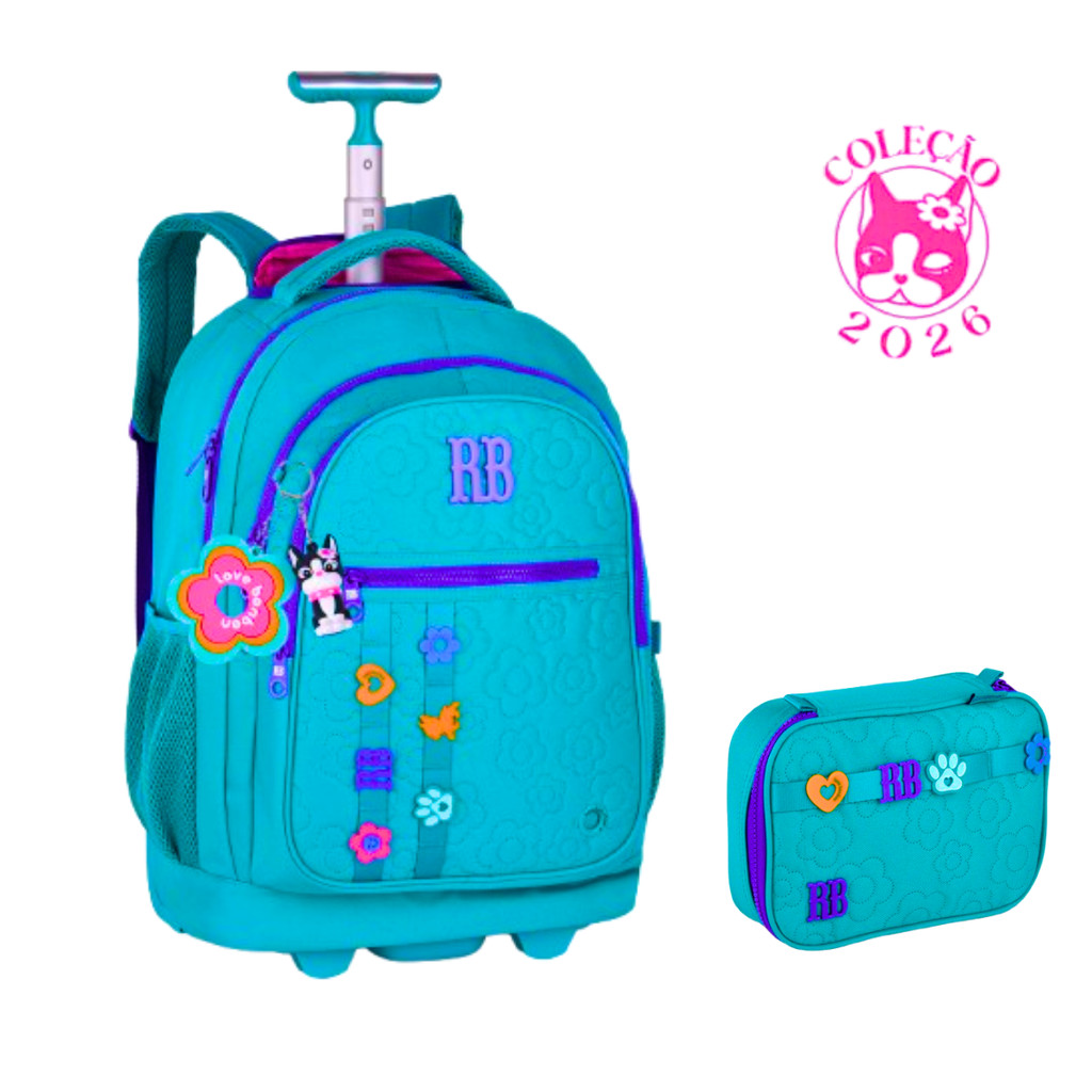 Kit Mochila de Rodinhas Com Estojo Rebecca Bonbon Flower Power - Clio Style Cor:Verde
