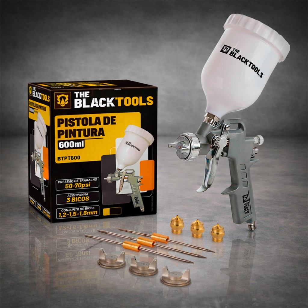 Pistola Pintura Gravidade 600ml 3 Bicos 1.2 1.5 1.8 Profissional The Black Tools