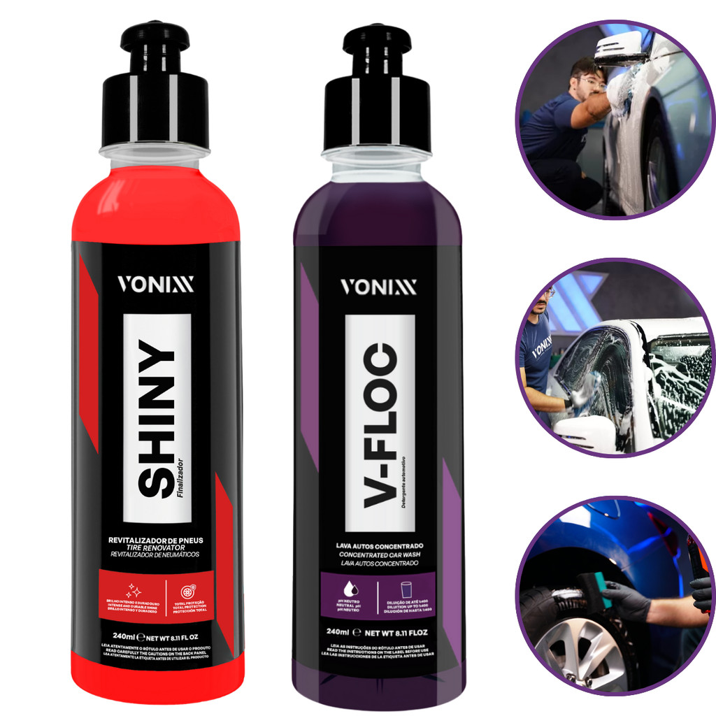 Kit Vonixx V-Floc Shampoo + Shiny Brilho Rápido e Proteção para Pneus