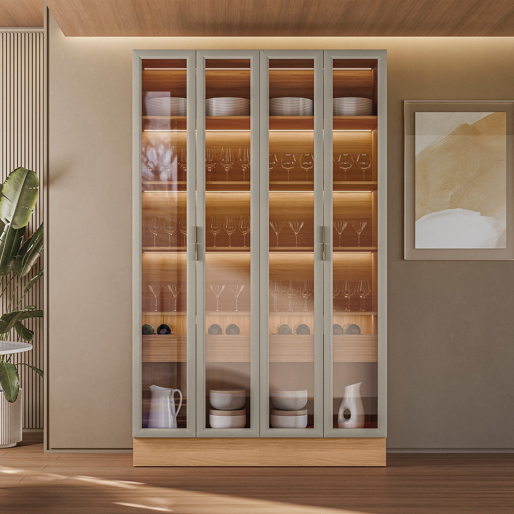 Cristaleira Dupla 4 Portas com Rodapé e LED Allure Linea Brasil 140cm 100% MDF