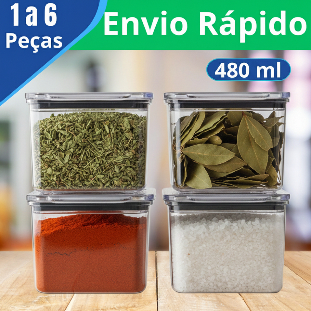 1 a 6  Potes Herméticos Acrílico 480ml Vedação Silicone Quadrado Organizador Cozinha