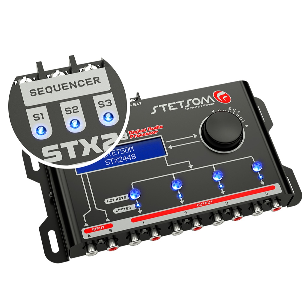 Processador de Áudio Automotivo Stetsom STX2448 4 Canais DSP Delay Crossover Equalizador Limiter 12V
