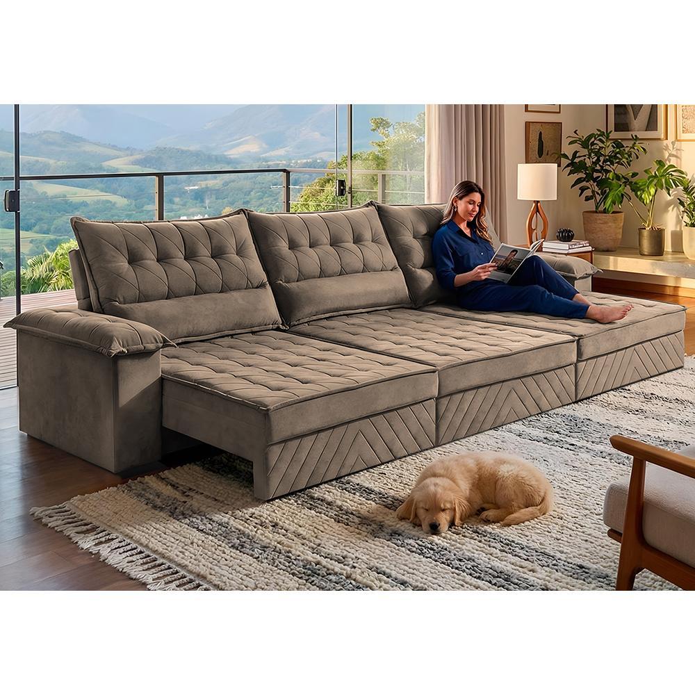 Sofá Retrátil e Reclinável 3,90m com Molas e Espuma D33 Thunder. Velusoft Cama inBox