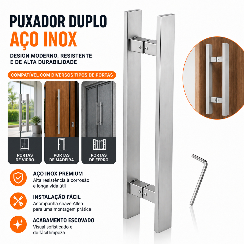 Puxador Duplo Metal Inoxidável Robusto Luxo Para Portas De Madeira Vidro e Metal 30cm 40cm 50cm 60cm 80cm
